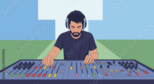 Man wearing headphones operating audio mixing console.