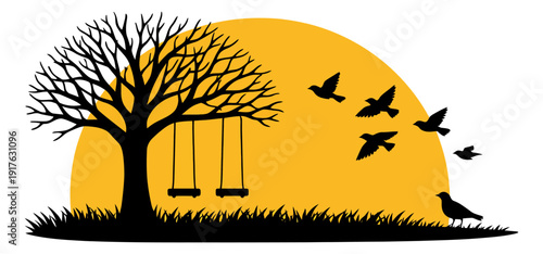 Silhouette illustration of a tree with swings and flying birds depicting a serene sunset for nature themed designs