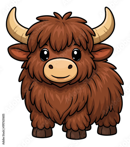 Cute cartoon illustration of a fluffy yak depicting a friendly animal for children's designs