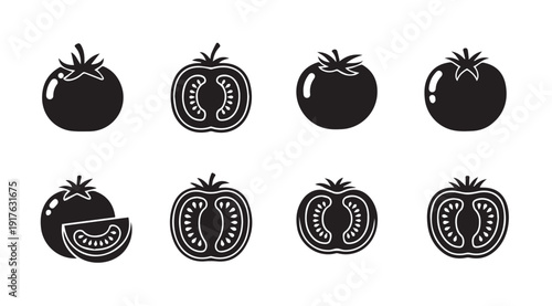 Tomato Icons: Whole, Halved, and Sliced Illustrations in Black and White