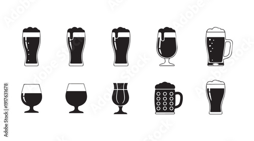Various Beer Glasses Icon Set Vector Illustration Simple Flat Design