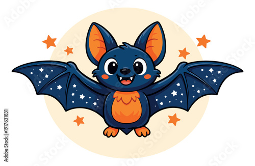 Cute cartoon vector illustration of a bat depicting a happy expression and starry wings for Halloween designs