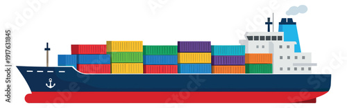 Flat design illustration of a cargo ship depicting colorful shipping containers for international logistics