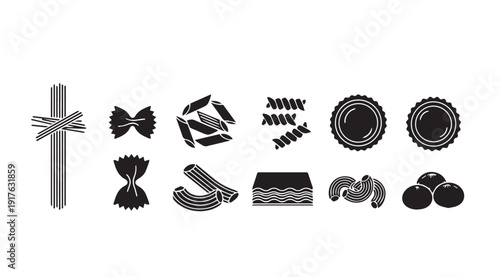 Various Pasta Shapes and Ingredients Flat Icons Collection