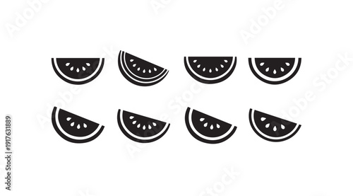 Watermelon Slices Icons Set, Simple Geometric Shapes, White Background, Stock Graphic