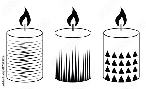 Three stylized candles with different decorative patterns and burning flames