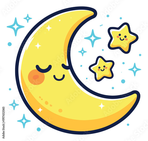 Cute hand drawn cartoon illustration of a sleeping moon and stars depicting sweet dreams for children's bedtime designs