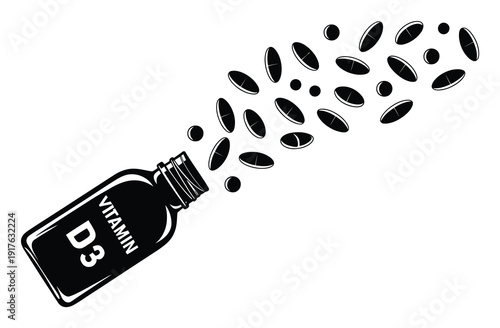 Vitamin D3 Pills Pouring Out of a Bottle