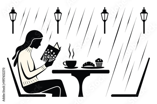 Woman reading a book at a cafe table with coffee and pastries in the rain