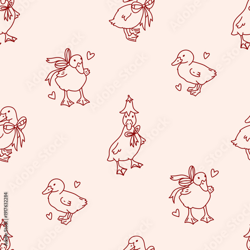 Seamless pattern with cute baby goose birds. Funny duck chicks decorated with bow, flower, hearts. Funny farm animal. Cottage core background for textile, gift wrap, stationery, home and holiday decor