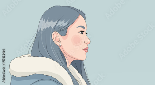 Profile of a young Asian woman with long dark hair, wearing a winter coat, looking thoughtfully to the right.