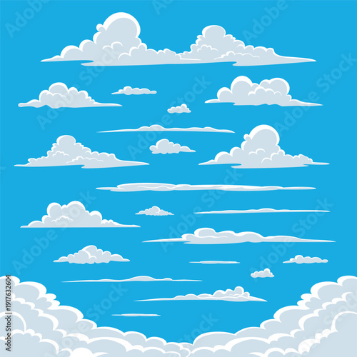 A seamless vector illustration of a bright blue summer sky with a cartoon cloudscape pattern designed for nature wallpaper art