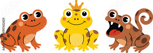 Set of Cute Cartoon Frog Characters Vector Illustration with Funny Colorful Faces