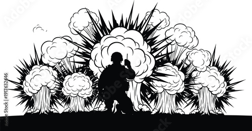 Silhouette of a brave soldier in combat gear kneeling against a background of massive fiery explosions and smoke clouds on a battlefield.