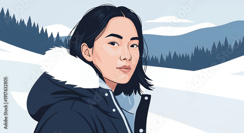 Young Asian woman in a winter coat in a snowy mountain landscape.