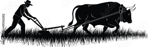 Silhouette of farmer plowing field with ox and traditional plow, rural agriculture scene illustration isolated on white background for farming concept