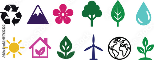Eco-friendly Symbols: A vibrant array of environmentally conscious icons, representing key elements of nature and sustainability, arranged in a visually appealing pattern.