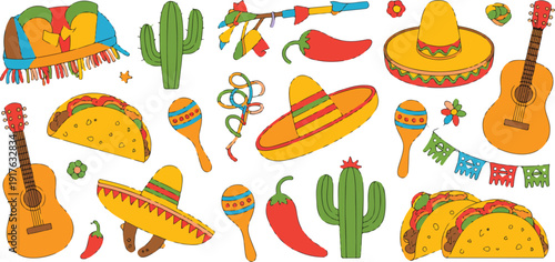Set of Mexican Fiesta Elements Vector Illustration with Taco Nachos Maracas Cactus Chili Pepper and Guitar