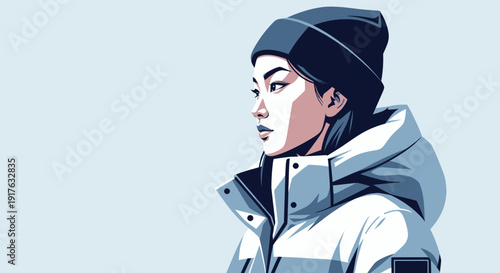 Young Asian woman in winter attire looking away with a thoughtful expression.