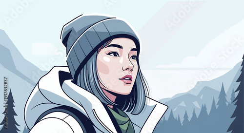 Young Asian woman in winter clothing looking away with a thoughtful expression, set against a snowy mountain backdrop.