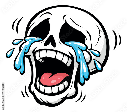 Cartoon style illustration of a skull depicting dramatic crying for emotional or Halloween themes