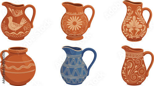 Decorative Ceramic Pottery Jugs and Clay Vases Vector Illustration for Rustic Craft Design