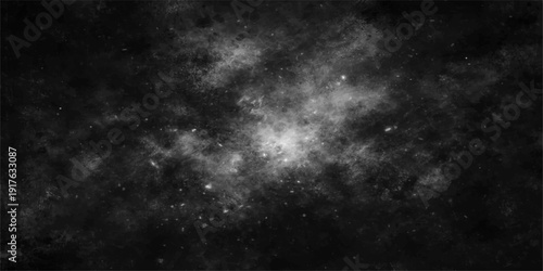 A dark black and white space background features a dramatic explosion of smoke and stardust textured with ethereal clouds and faint moonlight