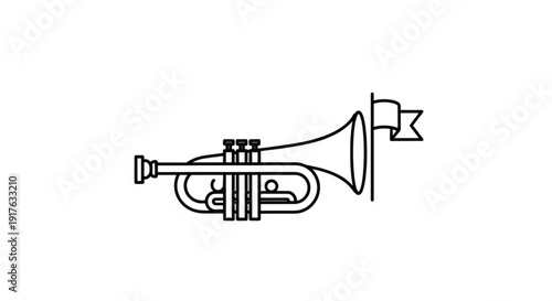 Minimalist trumpet icon with a flag simple outline vector illustration for music celebration or announcement concepts isolated on white