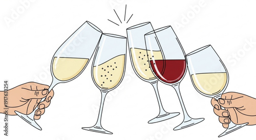Five hands toasting with wine and champagne glasses celebrating a special occasion with a cheerful toast isolated on white background