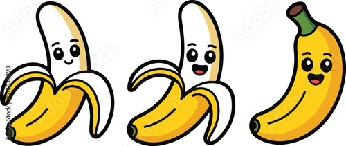Cute Banana Illustration Vector Set with Peeled Yellow Bananas and Tropical Fruit