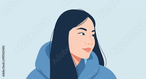 Young Asian woman with long dark hair looking to the side.