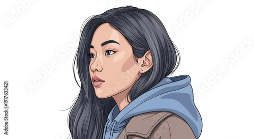 Young Asian Woman with Long Dark Hair Wearing a Hoodie, Looking Thoughtful.