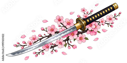 Detailed illustration of a katana depicting it embellished with cherry blossoms for Japanese themed designs