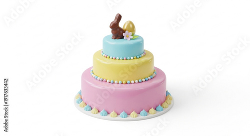 Three-tiered Easter cake with chocolate bunny and egg topper festive dessert for spring celebration isolated on white background