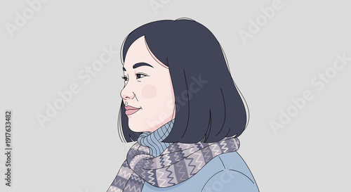 Young Asian Woman with Short Hair and Scarf.