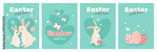 Cute Easter bunny greeting cards with mint background. Festive spring vector illustration for printable template, poster and social media design.