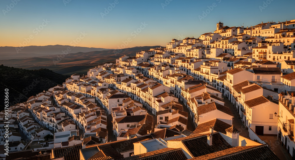 Fototapeta premium Andalusia White Village Cascading Down Hillside at Sunset or Sun