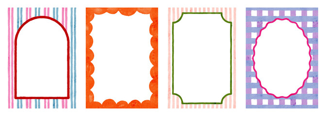 Hand Drawn Vibrant summer watercolor frame. Mediterranean style Border with wavy stripes and line in trendy, vintage styles. Perfect for quirky holiday, wedding, birthday gift decorations.