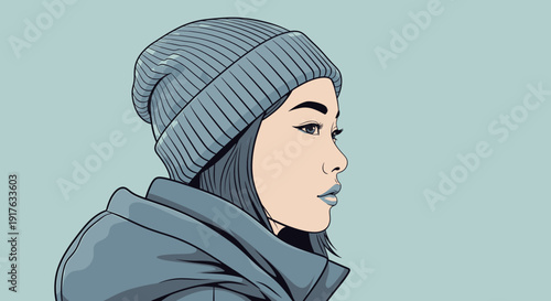 Young Woman in Beanie and Jacket Looking Thoughtfully to the Side.