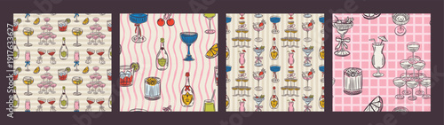 Whimsical hand drawn drinks, cocktails seamless pattern in trendy whimsical style. Perfect  background for quirky italian wedding holiday, poster cards, dinner and bar menu, fabric, wrapping paper.