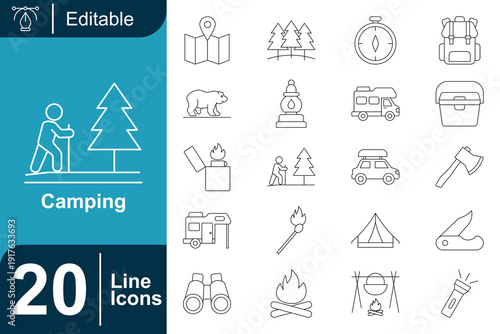 Collection of Camping and Outdoor Adventure Icons, Featuring Tents, Backpacks, Campfires, and Navigation Tools for Travel