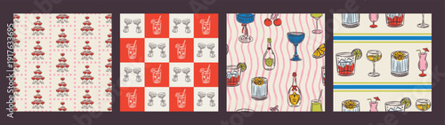 Whimsical hand drawn drinks, cocktails seamless pattern in trendy whimsical style. Perfect  background for quirky italian wedding holiday, poster cards, dinner and bar menu, fabric, wrapping paper.