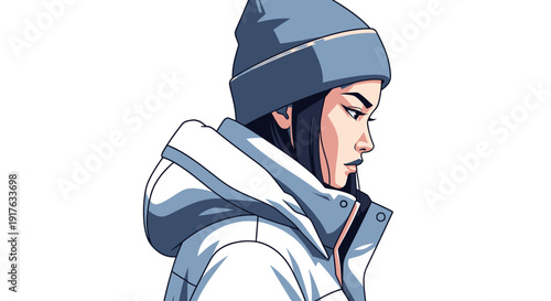 Young woman in winter attire looking away with a serious expression.