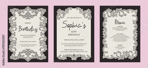 Elegant floral Baroque invitations in black tones. Hand-drawn minimalist line art vector design with elegant and royal ornaments . Perfect for invitations, wedding monogram, logos, and classic prints