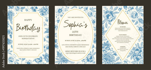 Botanical blue birthday greeting card with flower on white background. Hand drawn floral, flower and leaf branch in toile de jouy style. Line art for wedding invitation, menu greeting birthday cards