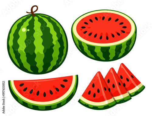 Cartoon watermelon fruit set featuring a whole, half, quarter, and sliced pieces for healthy summer food and refreshing drinks