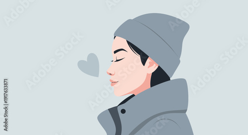 Young woman in winter clothing exhales a heart-shaped breath.