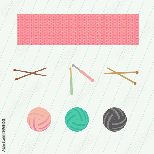 Knitting and crochet tool collection with yarn and stitch samples
棒針、かぎ針、毛糸玉、メリヤス編みのベクター素材セット