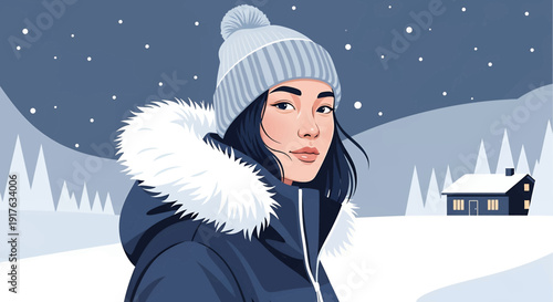 Young woman in winter coat and hat in a snowy mountain landscape.