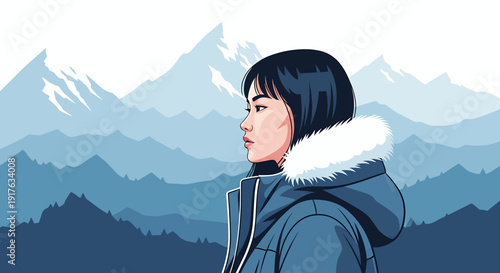 Young Woman in Winter Coat Gazing at Snowy Mountains.